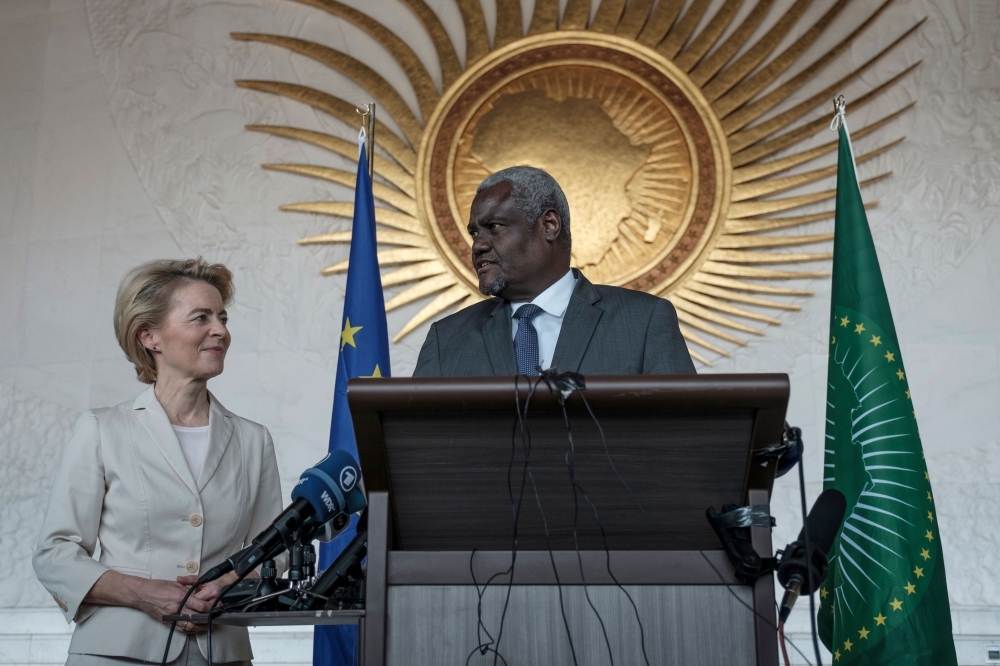The President of the European Commission, Ursula von der Leyen, is welcomed by African Union's personnel during her visit in Addis Ababa, on Saturday. -AFP
