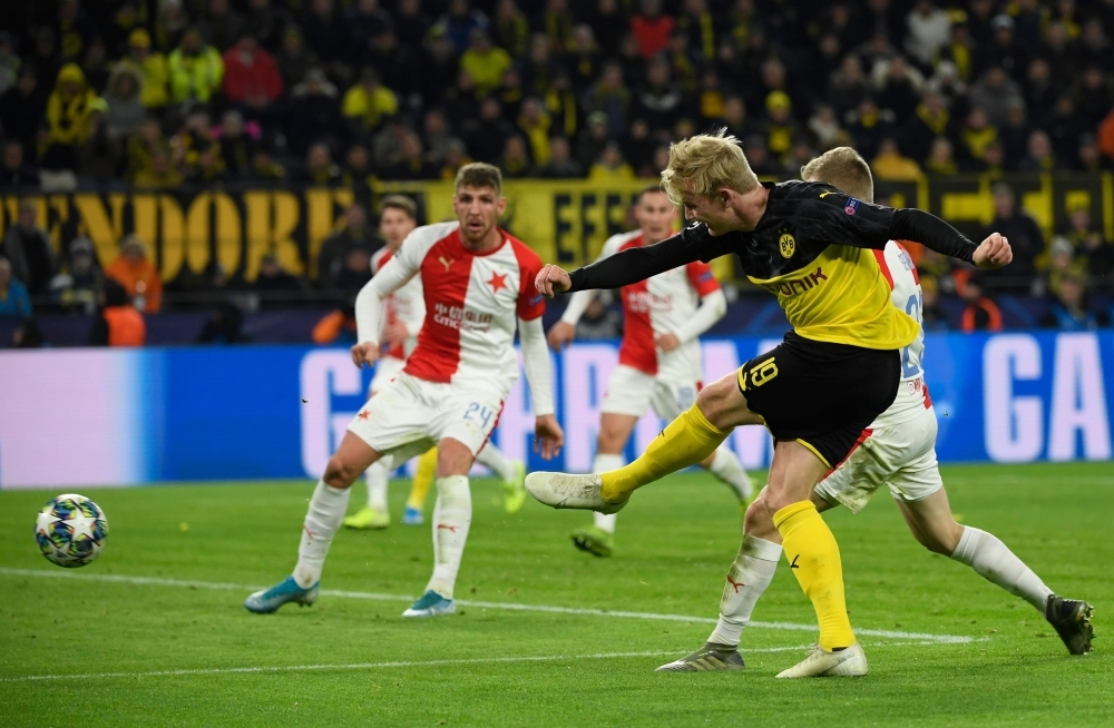 Slavia Prague's Bahrain forward Abdulla Yusuf Helal kicks the ball during the UEFA Champions League Group F football match between Borussia Dortmund and SK Slavia Prague in Dortmund, western Germany, on Tuesday. — AFP