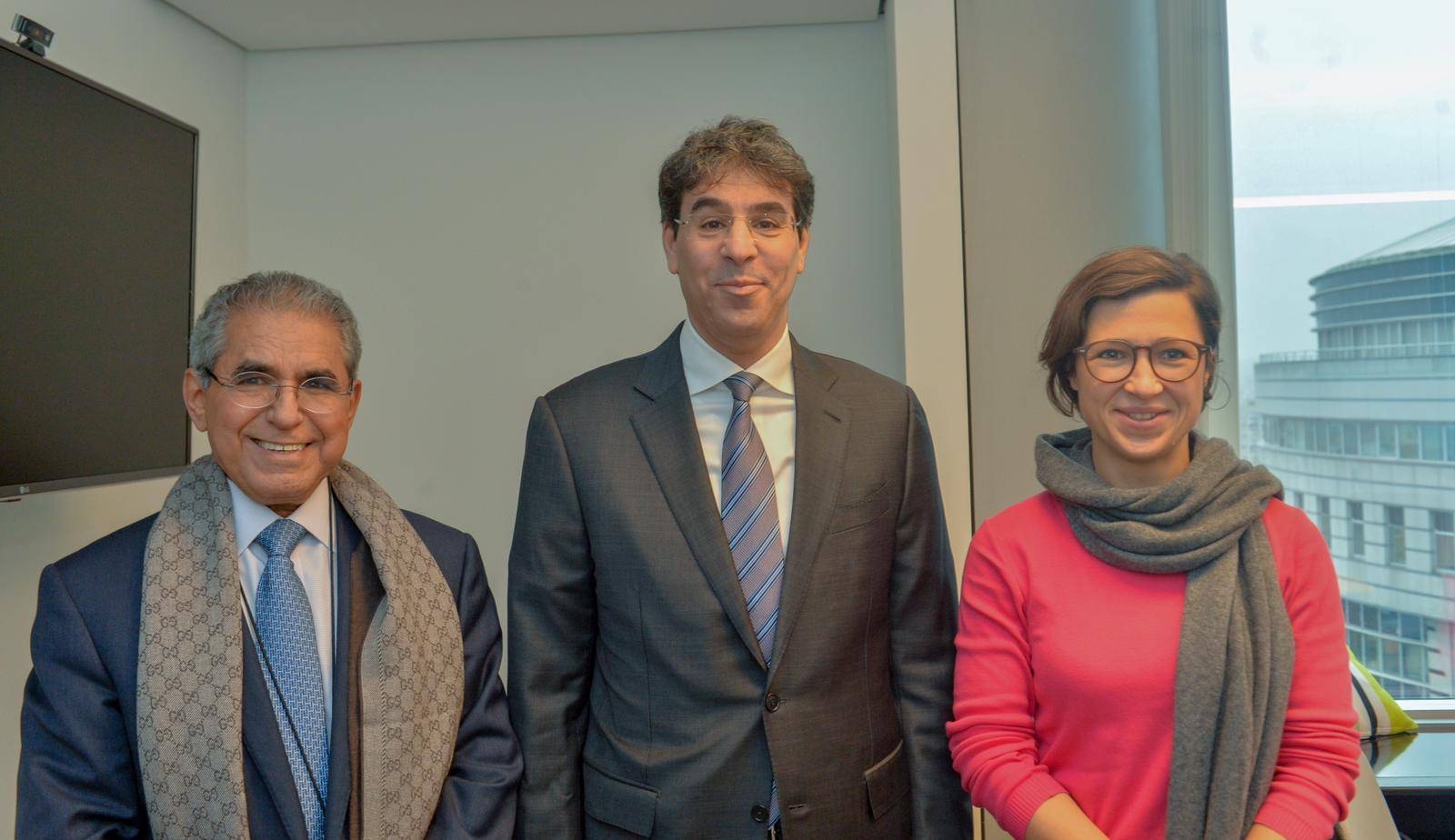 Dr. Al-Awwad Bin Saleh Al-Awwad (center) is flanked by Hannah Neumann, the Chair of the European Parliament Delegation for Relations with the Arab Peninsula and Vice-Chair on the Subcommittee for Human Rights; and Ambassador Saad Bin Mohammed Al-Arifi, head of the Saudi Mission to the European Union; in Brussels. — Courtesy photo