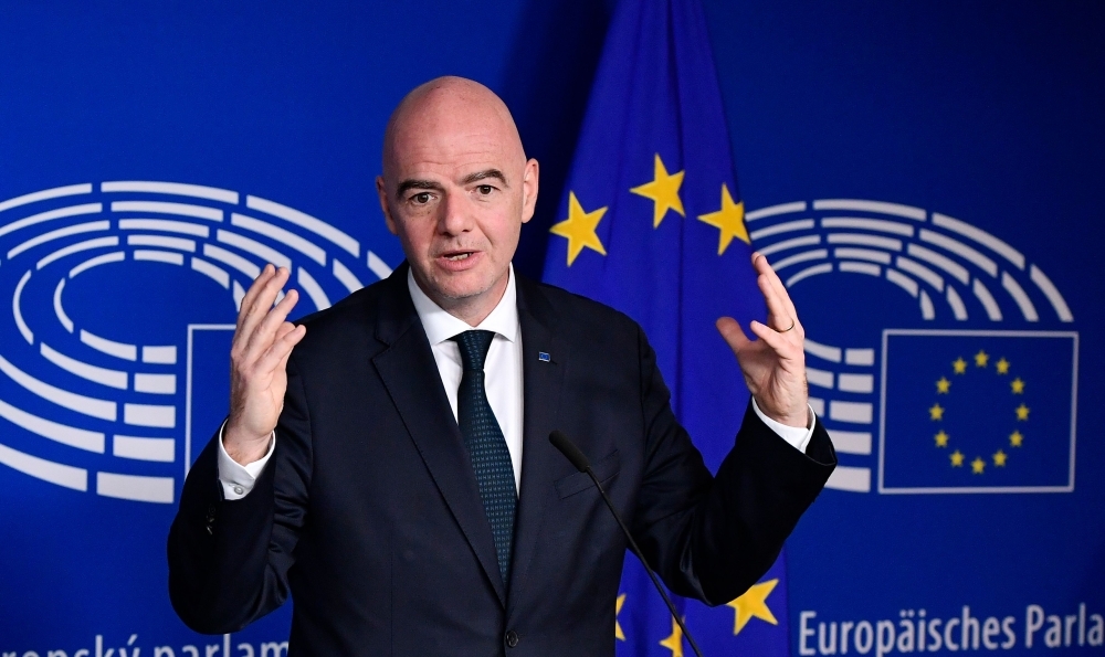 FIFA president Gianni Infantino give a press conference on transfer reforms and FIFA's social projects, at the european parliament in Brussels on Wednesday. — AFP