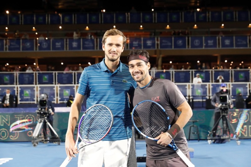Daniil Medvedev and Prince Abudaziz with the Diriyah Tennis Cup.