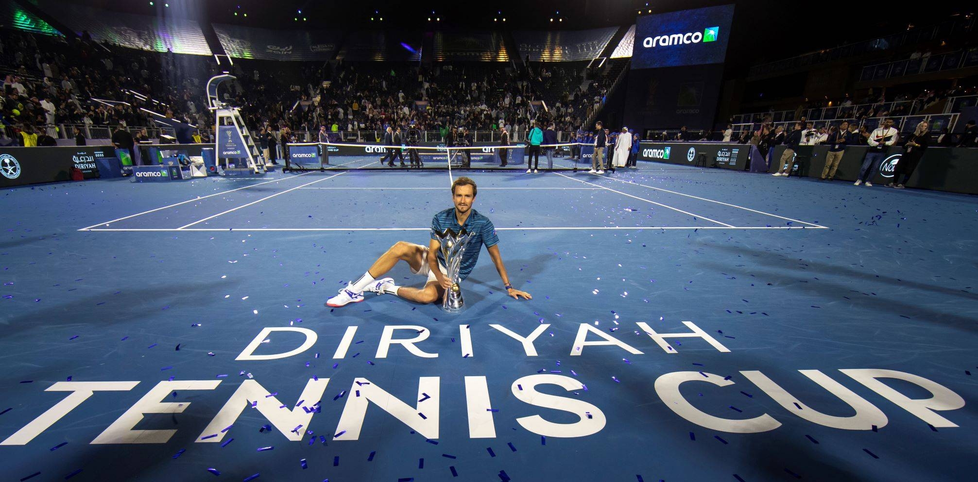 Daniil Medvedev and Prince Abudaziz with the Diriyah Tennis Cup.