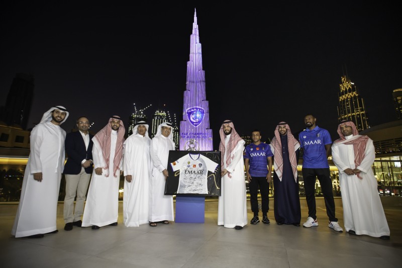 Al Hilal players and Emaar officials at the Burj Khalifa animation show during the exclusive celebration to honor Al Hilal for winning the prestigious 2019 AFC Champions League. 