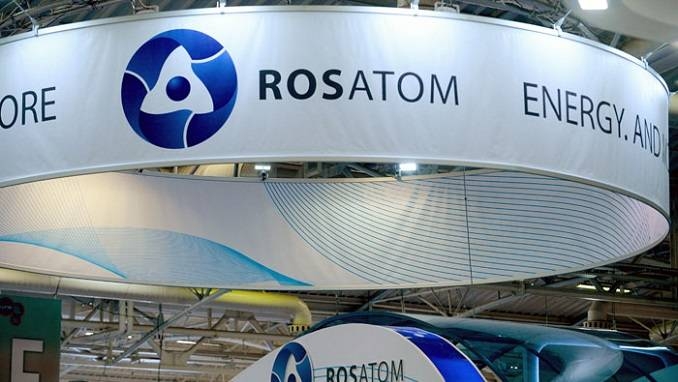 A picture taken on June 28, 2016 shows the logo of Russian atomic energy agency Rosatom during the World Nuclear Exhibition in Le Bourget, near Paris. —  AFP