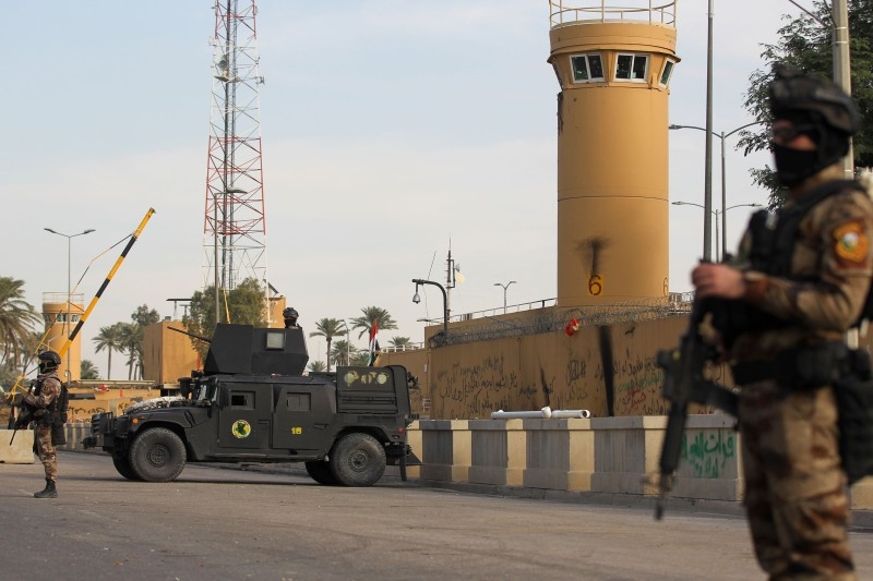 Iraqi counter-terrorism forces stand guard in front of the US embassy in the capital Baghdad on Jan.2, 2020. - AFP