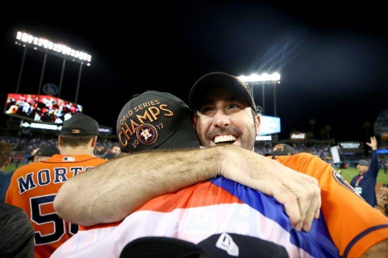 Houston Astros pitcher Justin Verlander celebrates after winning the 2017 World Series. — AFP