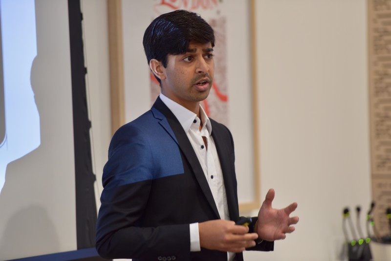 Zubair Junjunia on the Advancing Energy Stage for the Lightning Pitches at the One Young World Summit 2019, London.