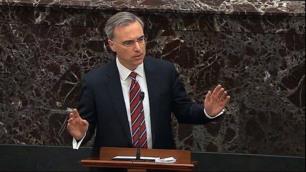 White House counsel Pat Cipollone speaks as he launches a blistering defense of US President Donald Trump during the impeachment trial at the US Senate in Washington on Saturday. — AFP