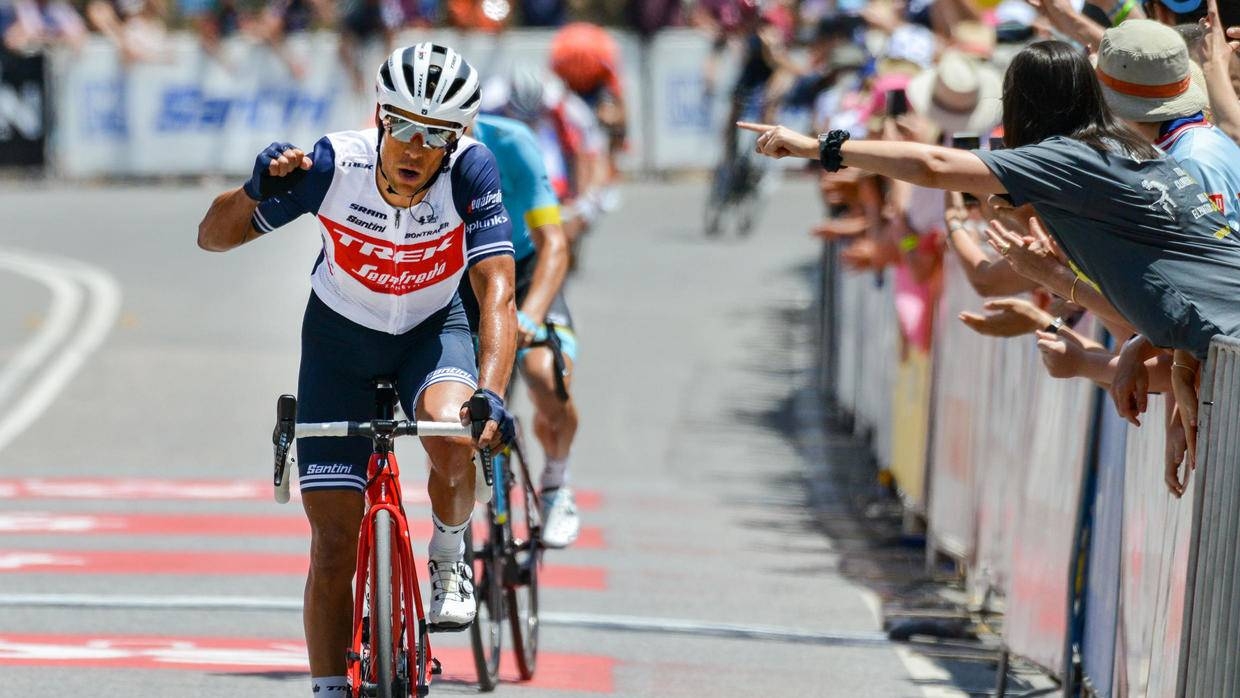 Australian rider Richie Porte from team Trek-Segafredo reacts after winning the Tour Down Under UCI World Tour cycling event in Adelaide, Australia, on Sunday. — AFP