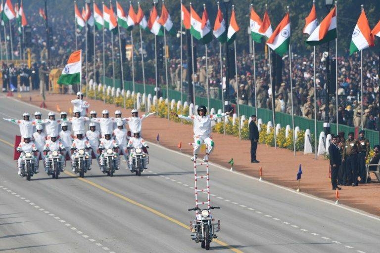 For the first time, the riders performing daredevil stunts on motorbikes to the delight of the crowds lining New Delhi's central Rajpath boulevard, were women. — AFP