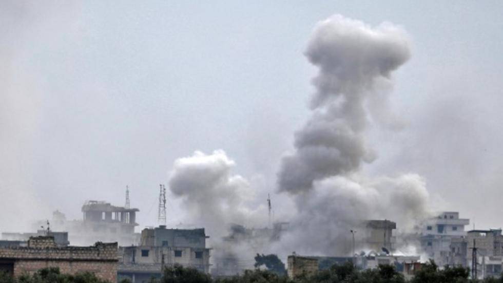 Smoke billows from bombardment by the Syrian government forces and allies on the town of Sarmin near Idlib in the northwestern province of the same name. — Courtesy photo