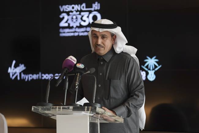 Minister of Transport Eng. Saleh Bin Nasser Al-Jasser speaking at the signing ceremony with Virgin Hyperloop One.