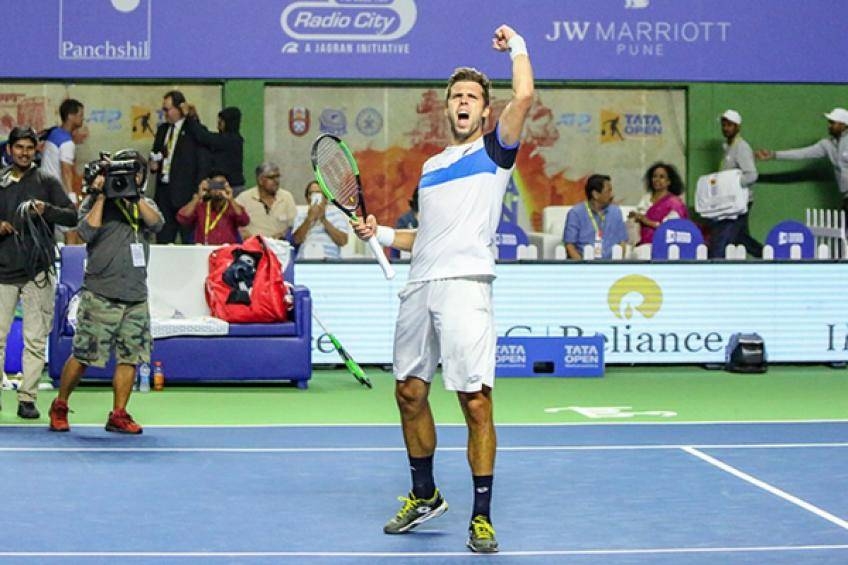 Jiri Vesely of Czech Republic celebrates after beating Egor Gerasimov of Belarus to claim his second ATP Tour title  in Pune, India, on Sunday. — Courtesy photo