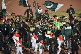 Pakistan's players celebrate after beating an Indian team in the final of the kabaddi World Cup in Lahore, Pakistan, on Sunday. — AFP