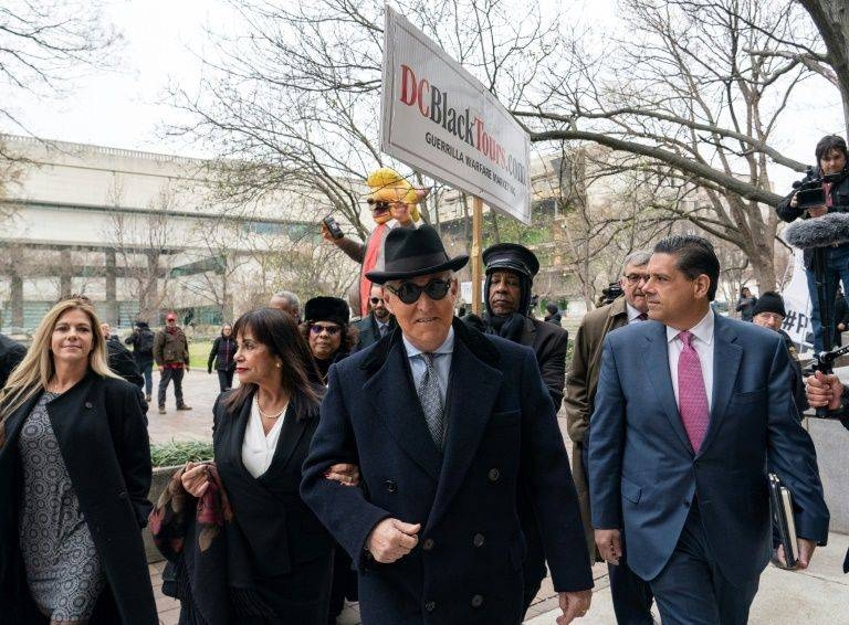 Roger Stone (C), former advisor to US President Donald Trump arrives at court prior to his sentencing hearing on Thursday in Washington. — AFP