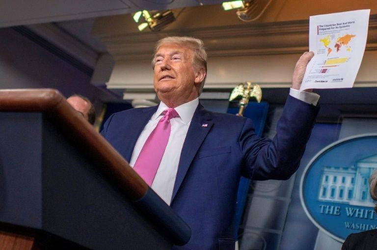 US President Donald Trump holds up a document showing 