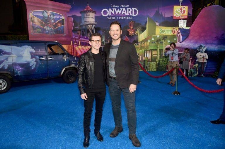 Tom Holland, left, and Chris Pratt attend the world premiere of Pixar/Disney animated film 