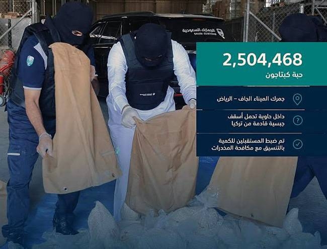 The Saudi Customs, at the dry port in Riyadh, foiled an attempt to smuggle in huge cache of drugs.