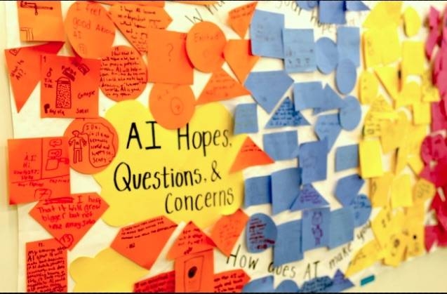 A mural of hopes and questions about artificial intelligence from a middle school workshop. — Photo courtesy of the Personal Robots group/MIT Media Lab