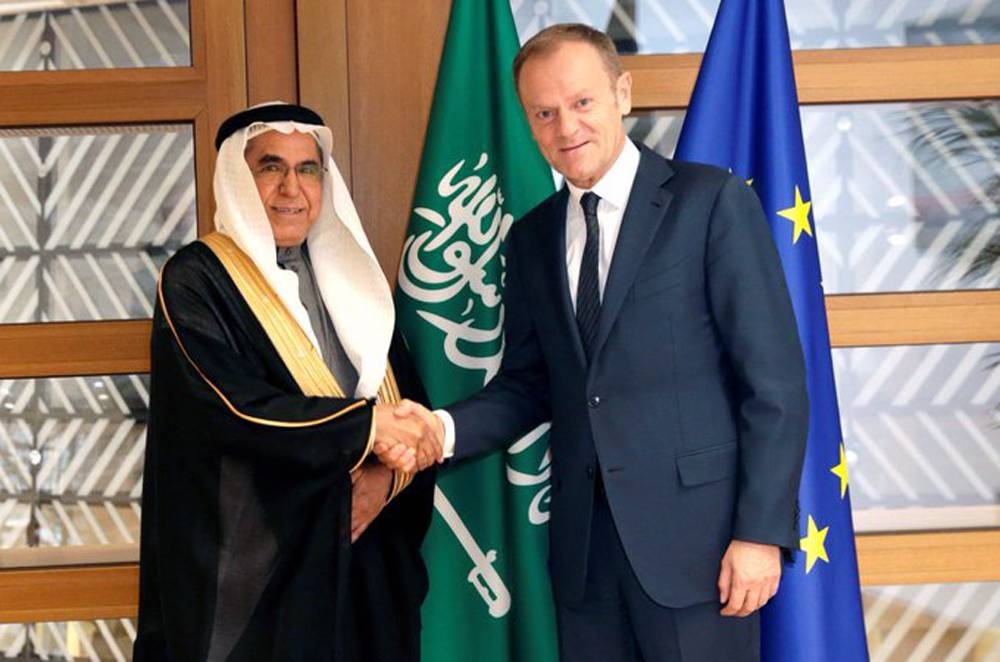 Permanent Representative of the Kingdom of Saudi Arabia to the European Union Ambassador Saad Al-Arifi with an EU official in this file photo.