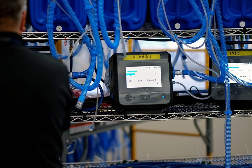 Workers build the first production ventilators at the General Motors manufacturing facility in Kokomo, Indiana, Tuesday. GM and Ventec Life Systems are partnering to produce Ventec critical care ventilators in response to the COVID-19 pandemic. — Courtesy photo