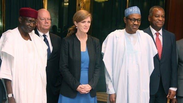 President Mohammadu Buhari poses in a group photograph with US Permanent Representative to the United Nations Samantha Power and Chief of Staff to the President Abba Kyari (left). -- File photo