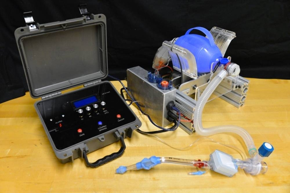 The latest version of the MIT E-Vent team's emergency ventilator design undergoes testing in their lab. — Courtesy of MIT E-Vent Team