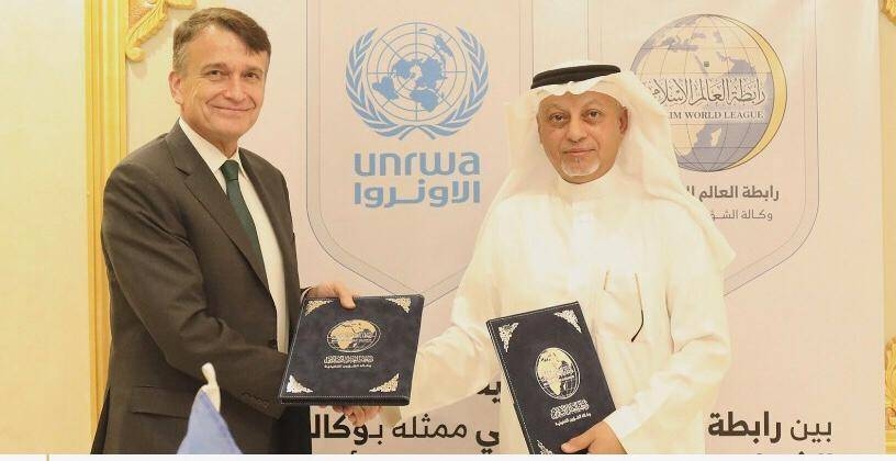 Abdul Rahman Al-Matar, undersecretary general of executive affairs, Muslim World League, and Christian Saunders, former acting commissioner-general, UNRWA are seen at the MWL’s office in Jeddah.