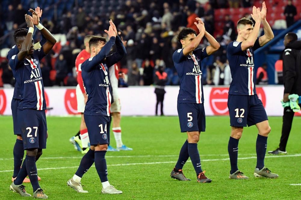 Paris Saint-Germain (PSG) players celebrate their win over Monaco in this file photo. PSG were crowned Ligue 1 champions following the cancelation of the 2019-20 season.