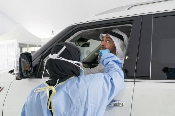 A medical staff member takes a swab from a man during drive-thru coronavirus disease testing at a screening center in Abu Dhabi. -- Courtesy photo 