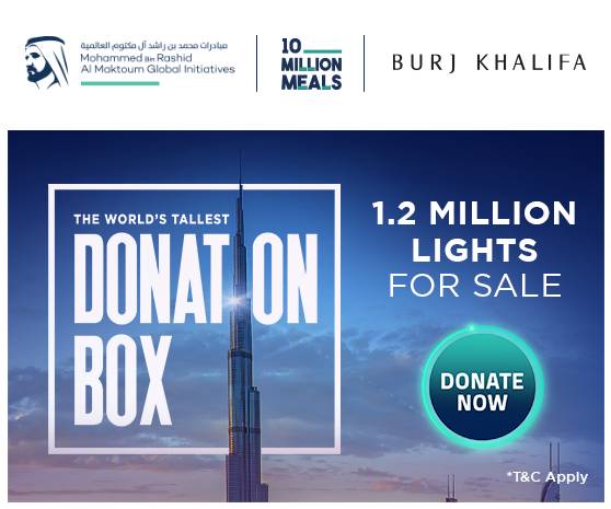 Launched as part of the “10 million meals” campaign on Saturday, the “World’s Tallest Donation Box” enables companies, entities and the public to purchase lights of Burj Khalifa, for as little as 10 dirhams each, to collectively donate 1.2 million meals or food parcels to low-income individuals and families in the UAE. — WAM photos