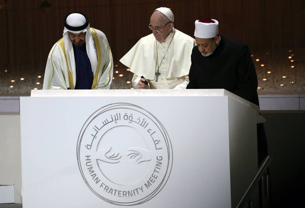 File photo shows signing of the noble goals of the HCHF Document on Human Fraternity between Pope Francis and Sheikh Ahmed El-Tayeb, grand imam of Al-Azhar, during the Pope’s visit to UAE in February 2019.