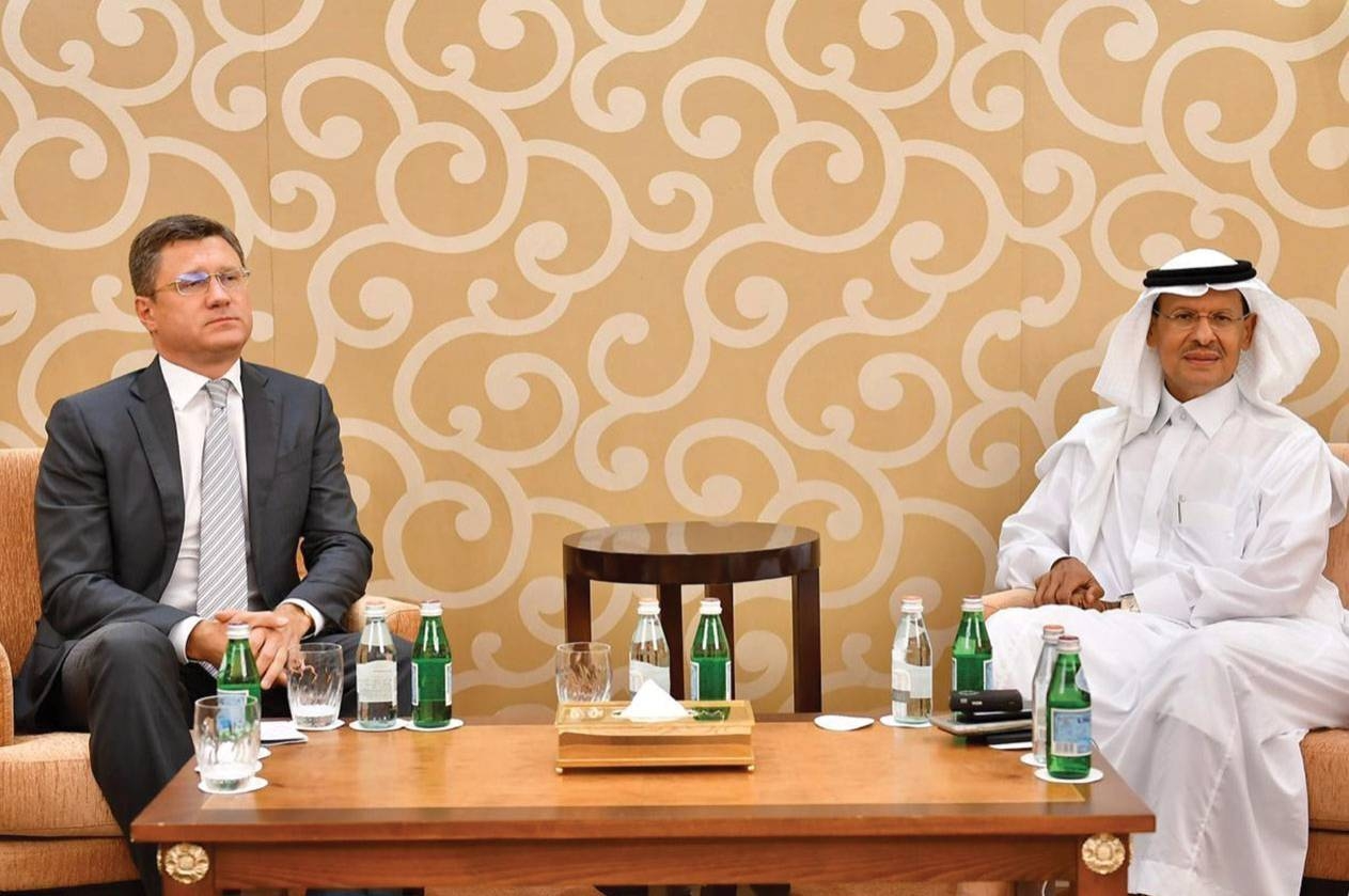 Saudi Arabia’s Minister of Energy Prince Abdulaziz Bin Salman and his Russian counterpart Alexander Novak are seen in this file photo. 