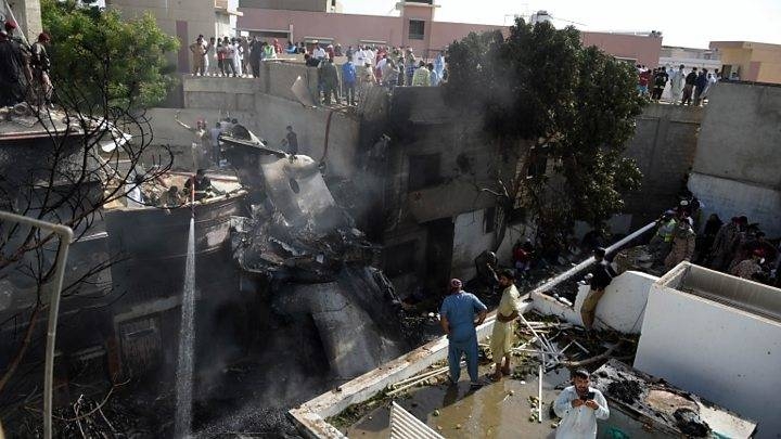 The ill-fated Airbus A-320 that took off from Lahore crashed into one of the densely populated neighborhoods street in Karachi, the financial capital of Pakistan on Friday, causing significant damage to houses in the area. Of the 99 people aboard, 97 were killed and only two passengers survived. — Courtesy photo
