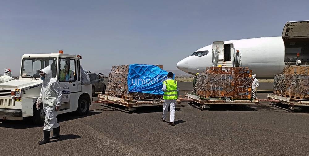 A UNICEF chartered plane at Sanaa airport offloading lifesaving supplies to help curb the spread of COVID-19 in conflict-hit Yemen. — courtesy photo UNICEF