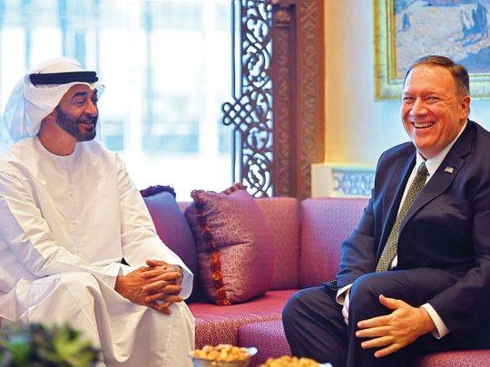 Abu Dhabi Crown Prince Sheikh Mohammed Bin Zayed Al Nahyan, left, is seen with  US Secretary of State Mike Pompeo in this file picture. — Courtesy photo