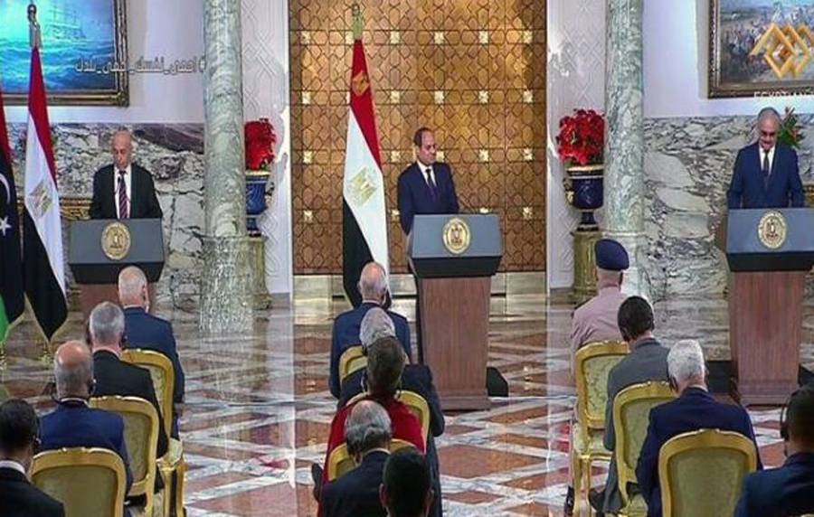 A TV grab of the Egyptian President Abdel Fatah El-Sisi, Commander-in-Chief of the Libyan Armed Forces Field Marshal Khalifa Haftar and Speaker of the Libyan House of Representatives Aqilla Saleh during the announcement of the Cairo Declaration.