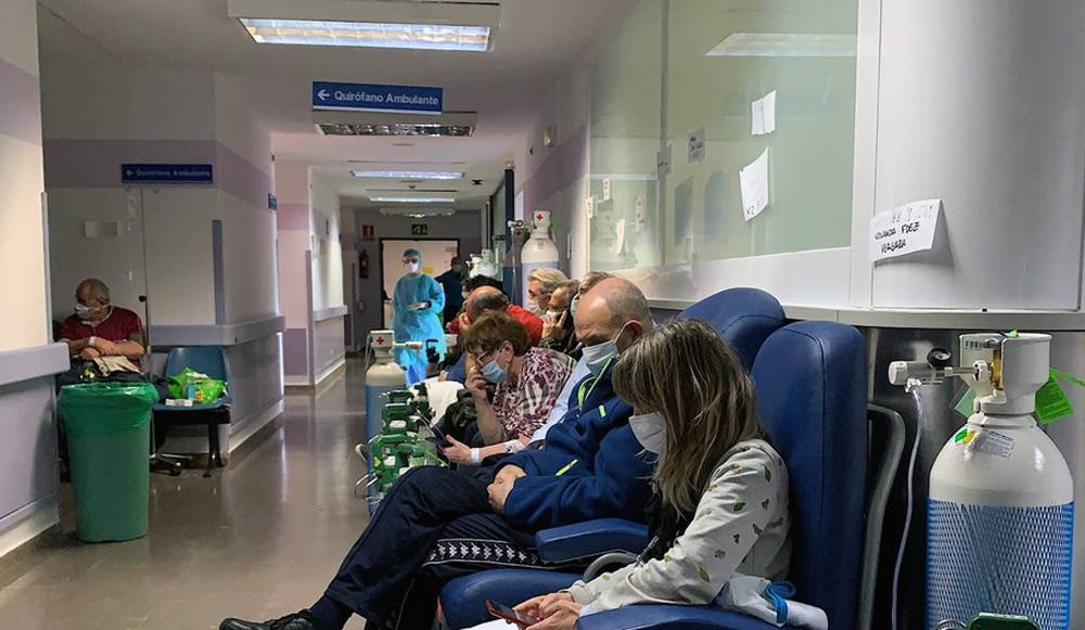 
Patients wait in a corridor at the Severo Ochoa Hospital in Madrid, which is on the front line of the battle against COVID-19. — courtesy Luis Díaz Izquierdo