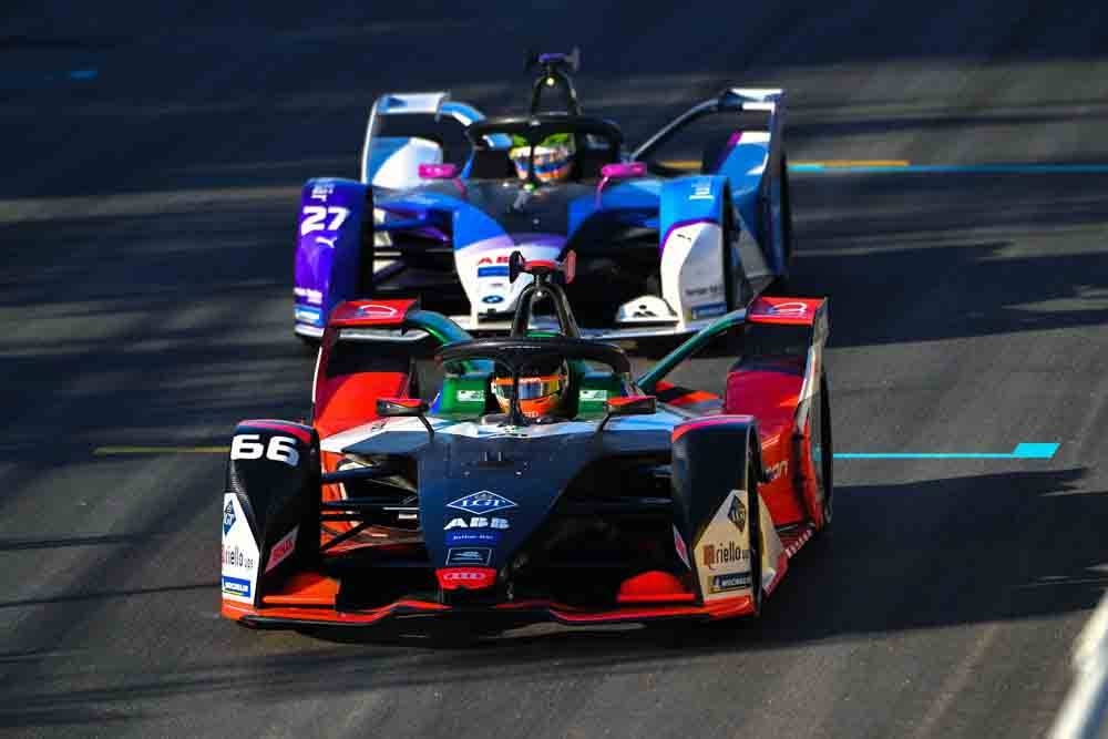 Daniel Abt (DEU), Audi Sport ABT Schaeffler, Audi e-tron FE06 leads Alexander Sims (GBR) BMW I Andretti Motorsports, BMW iFE.20 during the Diriyah E-prix I at Riyadh Street Circuit on Nov. 22, 2019 in Riyadh Street Circuit, Saudi Arabia. — courtesy photo