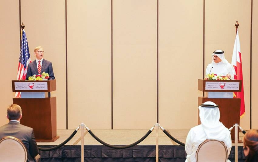 Foreign Minister Abdullatif Al-Zayyani, right is seen with US Special Representative for Iran Brian Hook during a press conference late on Monday. — BNA photo