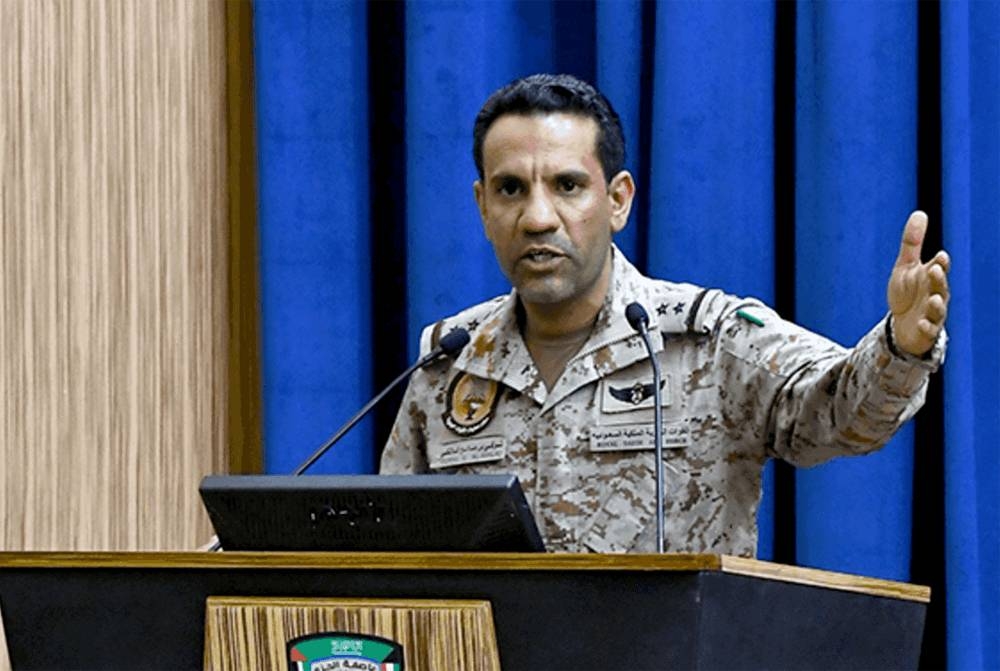 Arab Coalition spokesman Col. Turki Al-Maliki speaks at a press conference in Riyadh on Thursday.