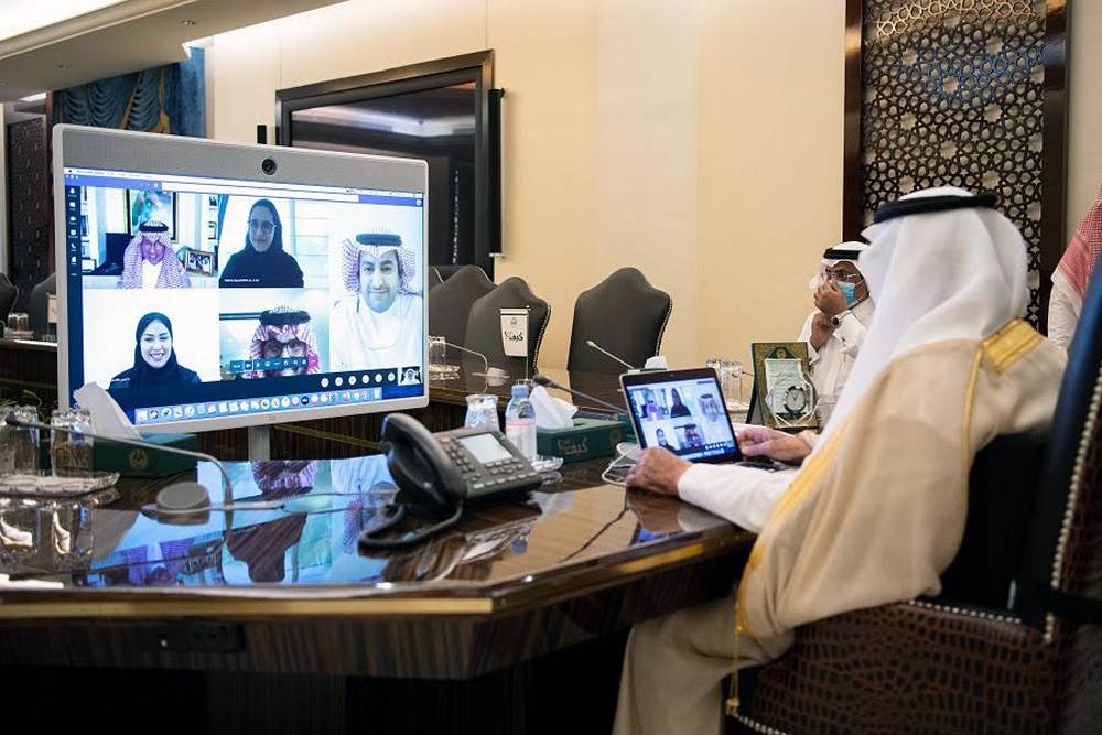 Prince Khalid Al-Faisal, emir of Makkah and advisor to Custodian of the Two Holy Mosques, in a virtual session with Minister of Tourism Ahmad Al-Khateeb and other officials of the ministry.