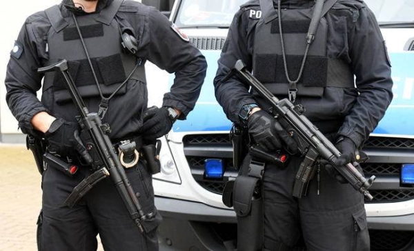 Policemen stand guard in Celle near Hanover, central Germany, in this file photo.
