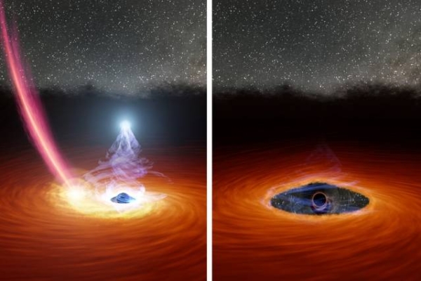 Astronomers at MIT and elsewhere watched a black hole’s corona disappear, then reappear, for first time. A colliding star may have triggered the drastic transformation. — courtesy NASA/JPL-Caltech