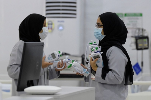 Bahraini health workers are pictured at the Sitra field Intensive Care Unit (ICU) hospital for COVID-19 patients, south of Manama. — Courtesy photo
