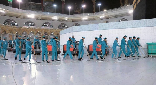 General Presidency for the Affairs of the Grand Mosque and the Prophet’s Mosque has intensified disinfection and sterilization at the Grand Mosque and its courtyards.