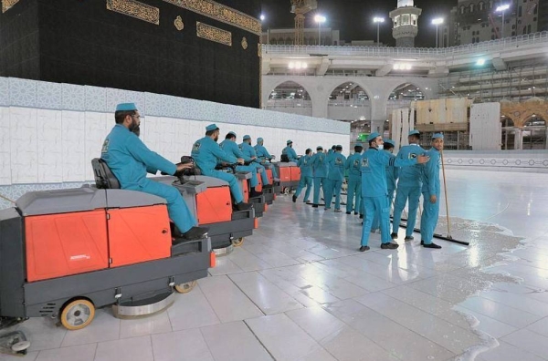 General Presidency for the Affairs of the Grand Mosque and the Prophet’s Mosque has intensified disinfection and sterilization at the Grand Mosque and its courtyards.