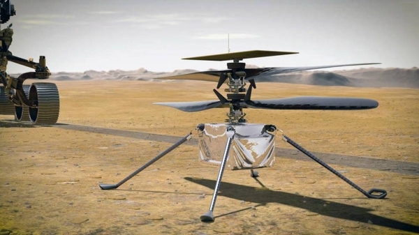 

When NASA's Ingenuity Mars Helicopter attempts its first test flight on the Red Planet, the agency's Mars 2020 Perseverance rover will be close by, as seen in this artist's concept. — courtesy NASA/JPL-Caltech