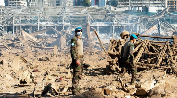 A UNIFIL Force Commander Reserve team assesses the magnitude of an explosion on Tuesday, at Beirut Port, Lebanon. — courtesy UN/Pasqual Gorriz


