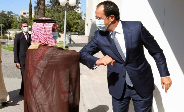 Foreign Minister Prince Faisal Bin Farhan Bin Abdullah is welcomed by his counterpart Foreign Minister Nikos Christodoulides during his visit on Thursday to the Republic of Cyprus.